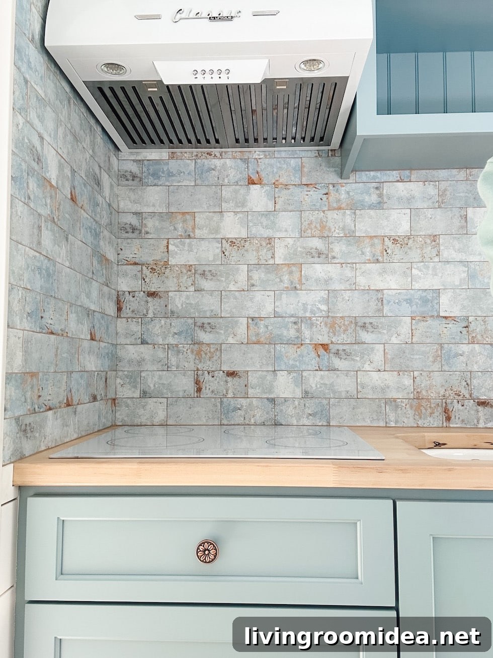 Tiny cottage tour tile and cooktop