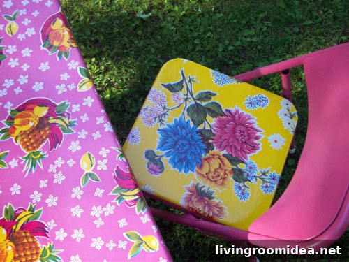 Close-up of oilcloth and paint finish