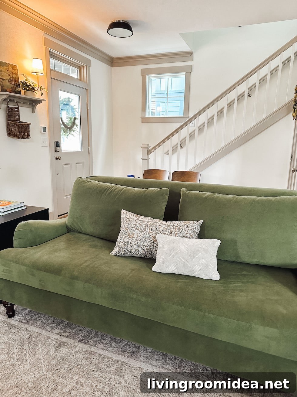 Seabrook Beach Cottage Tour: Vacation Rental in Seabrook, WA 12 Cozy green couch