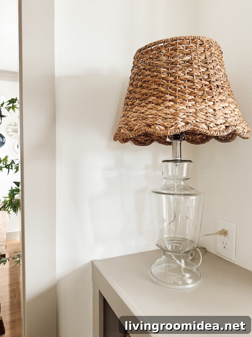 Scalloped rattan lampshade with glass lamp -- Cottage decorating ideas
