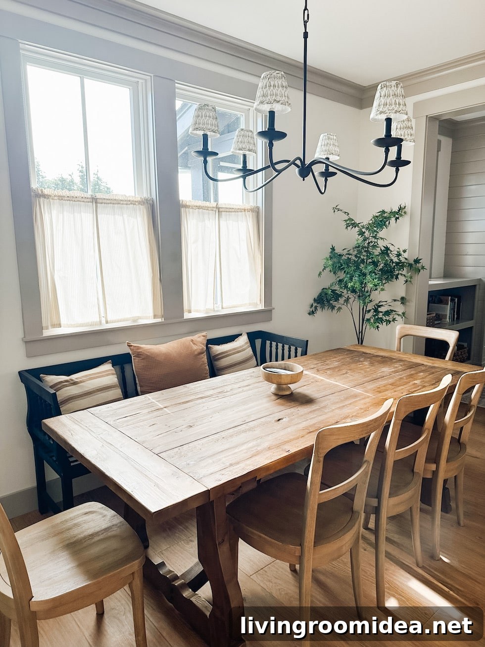 Banquette bench in cottage dining room 