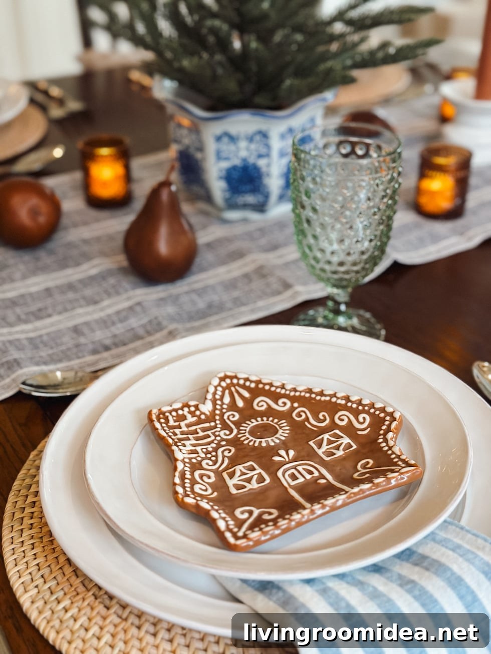 Cozy Christmas and Winter Tablescape for a Small Dining Nook 5 Gingerbread house plates