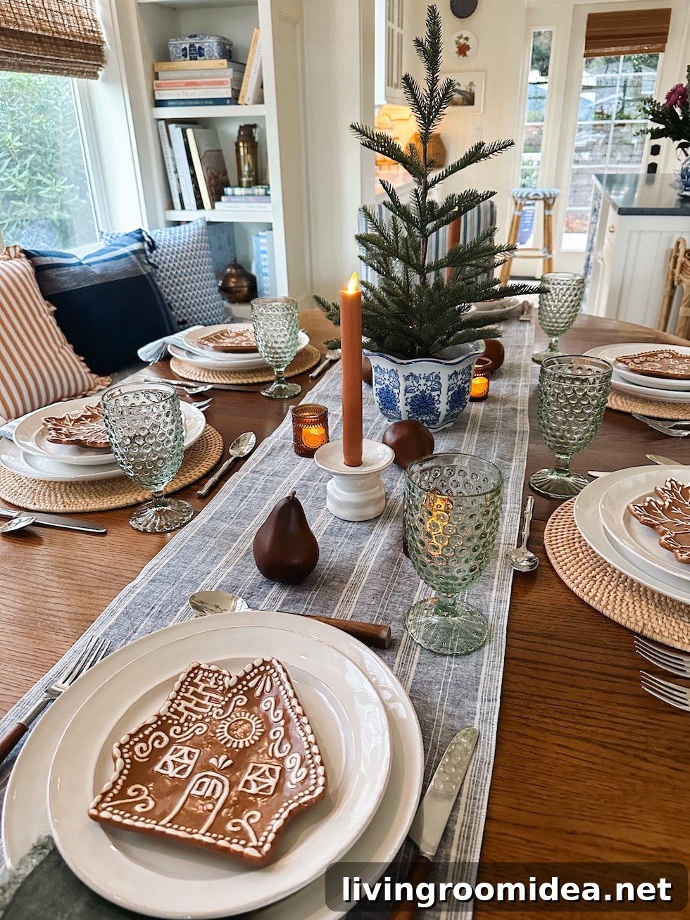 Cozy Christmas and Winter Tablescape for a Small Dining Nook 6 Gingerbread house plates christmas and winter table