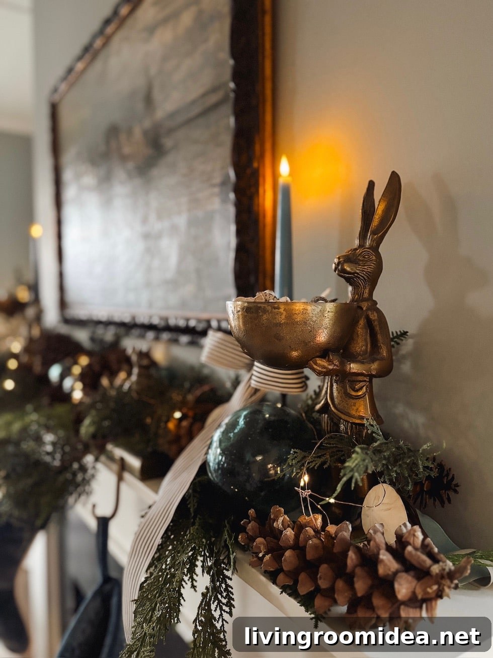 Coastal Christmas Mantel with shells, fishing floats and greenery