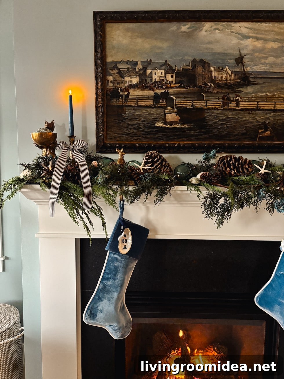 Coastal Christmas Mantel with Velvet Stockings (sources in the post) 