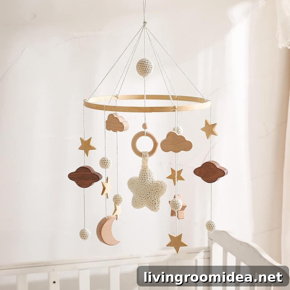 Mobile with wood and crochet stars