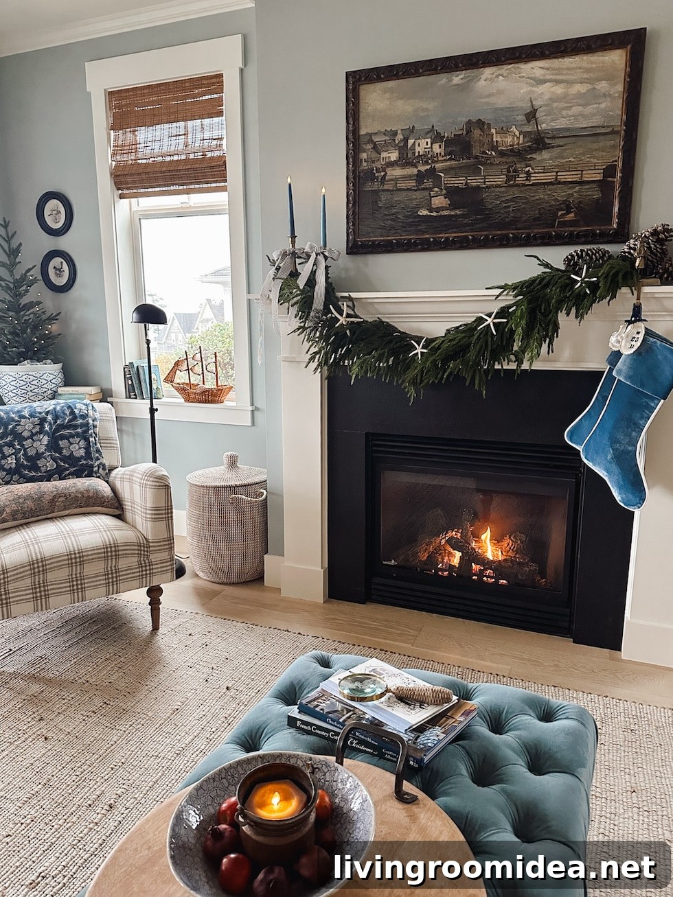Cozy coastal cottage living room at christmas 