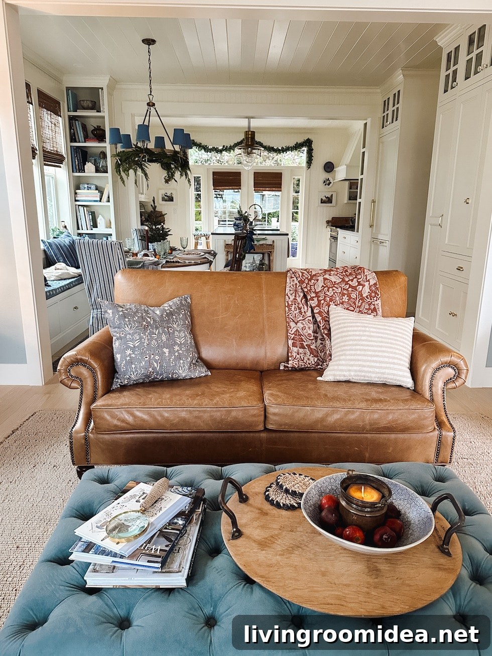 leather sofa in a cottage style home