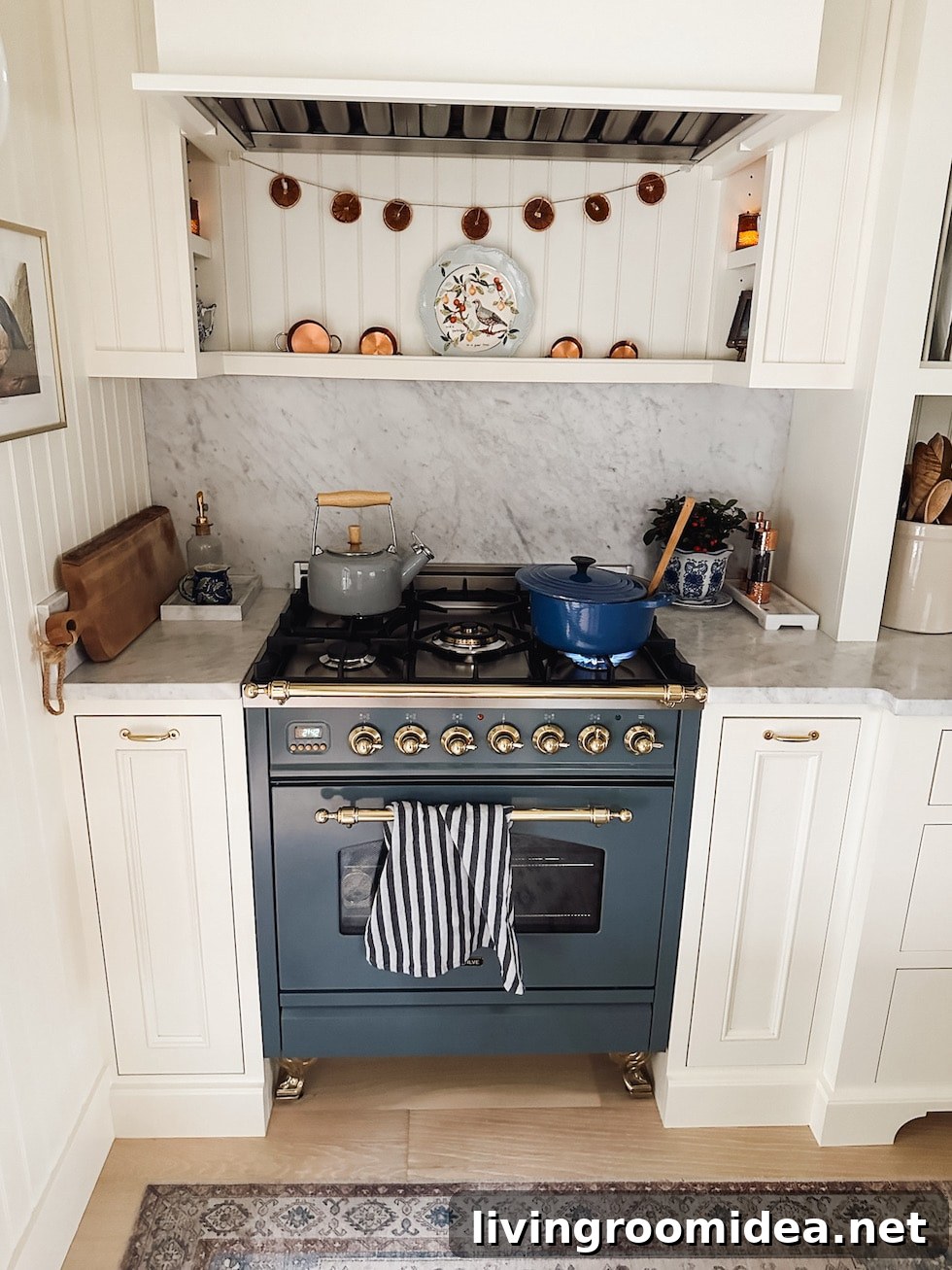 Blue stove in a cottage kitchen at christmas