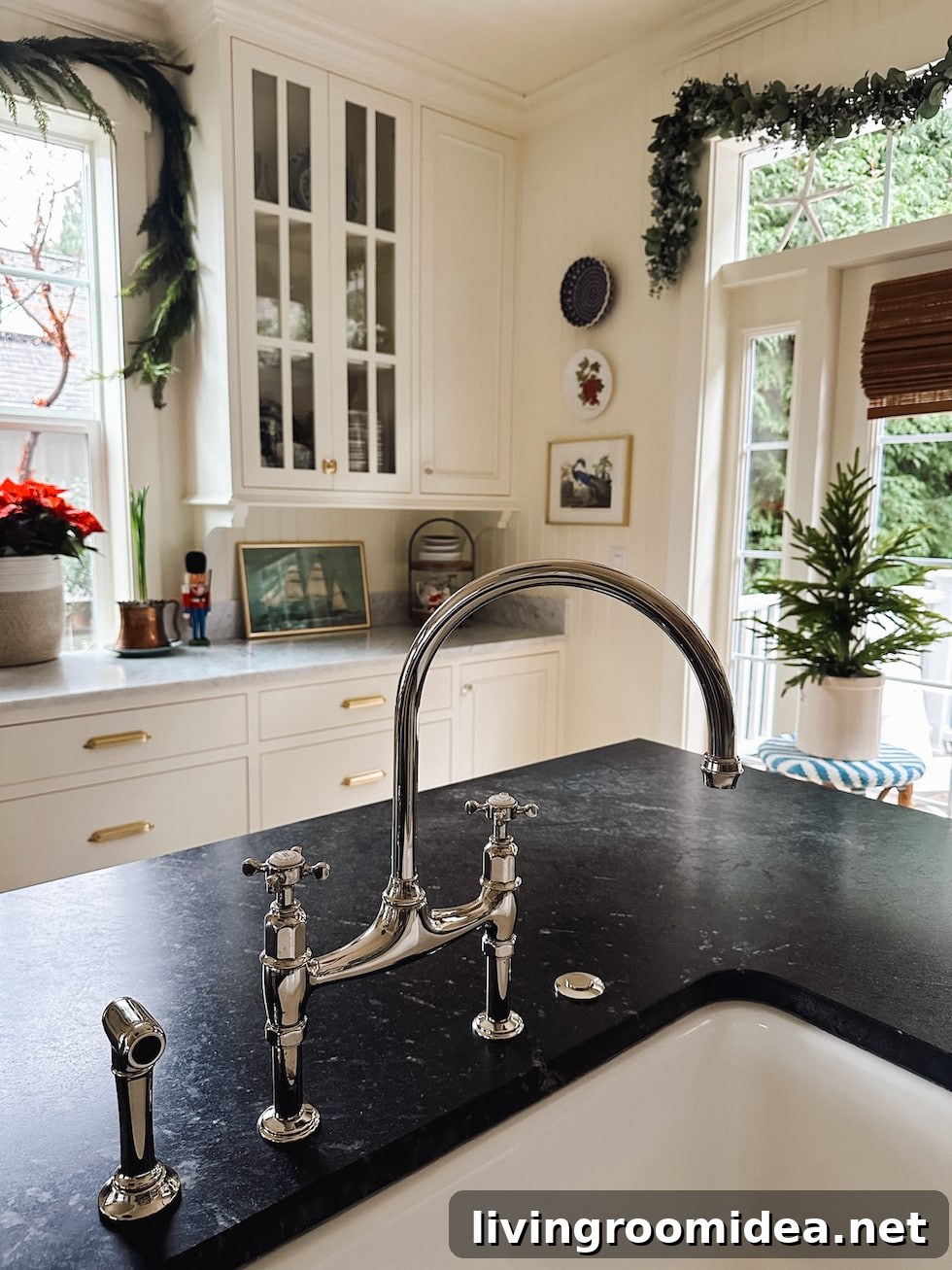 soapstone counters and deVol faucet  in an English cottage inspired kitchen at Christmas