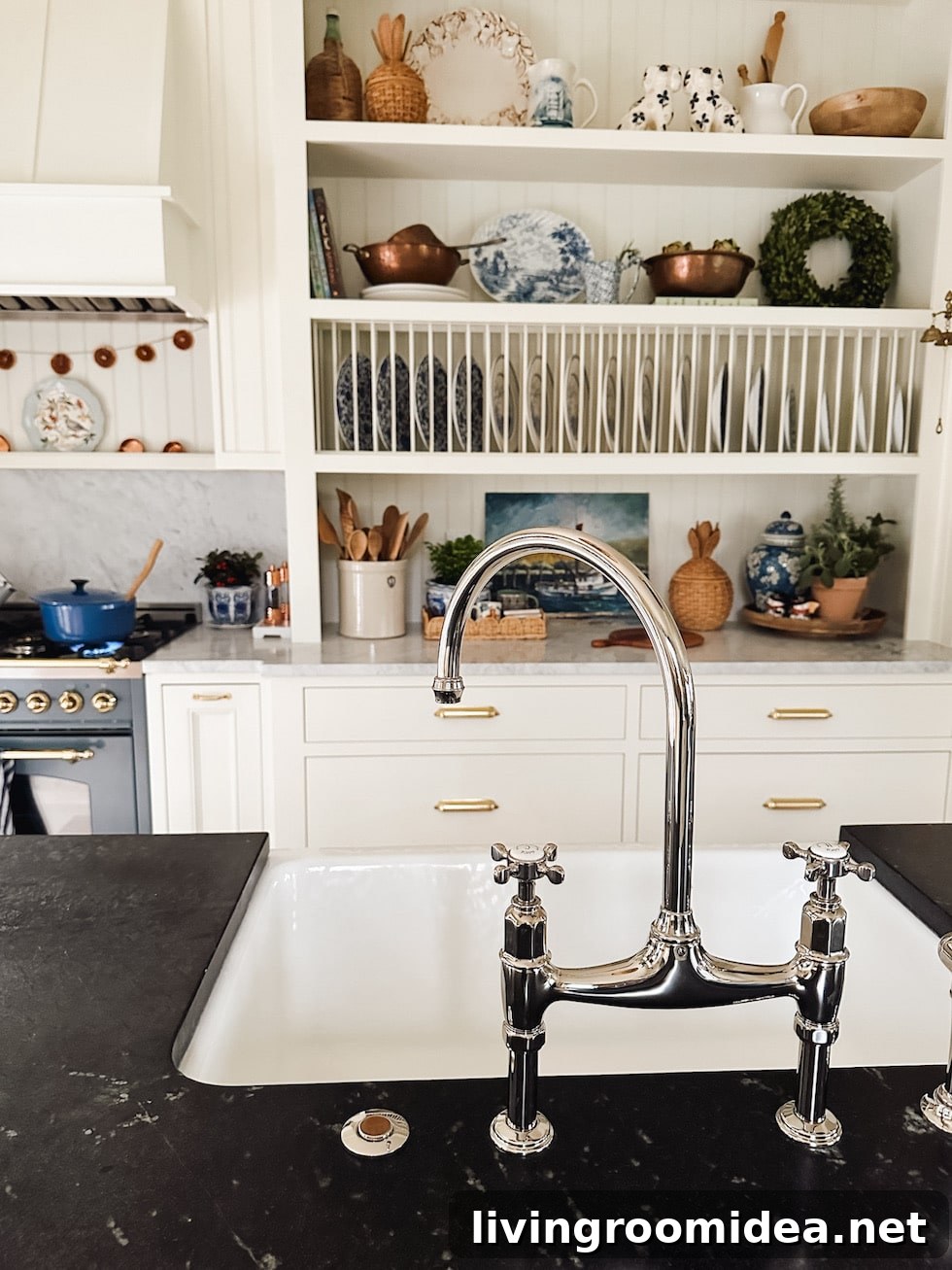 soapstone counters and deVol faucet  in an English cottage inspired kitchen at Christmas