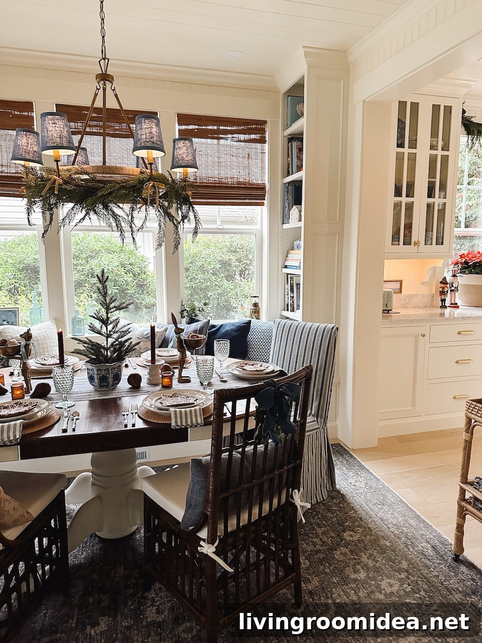 Cottage dining nook with built in bookcases around window