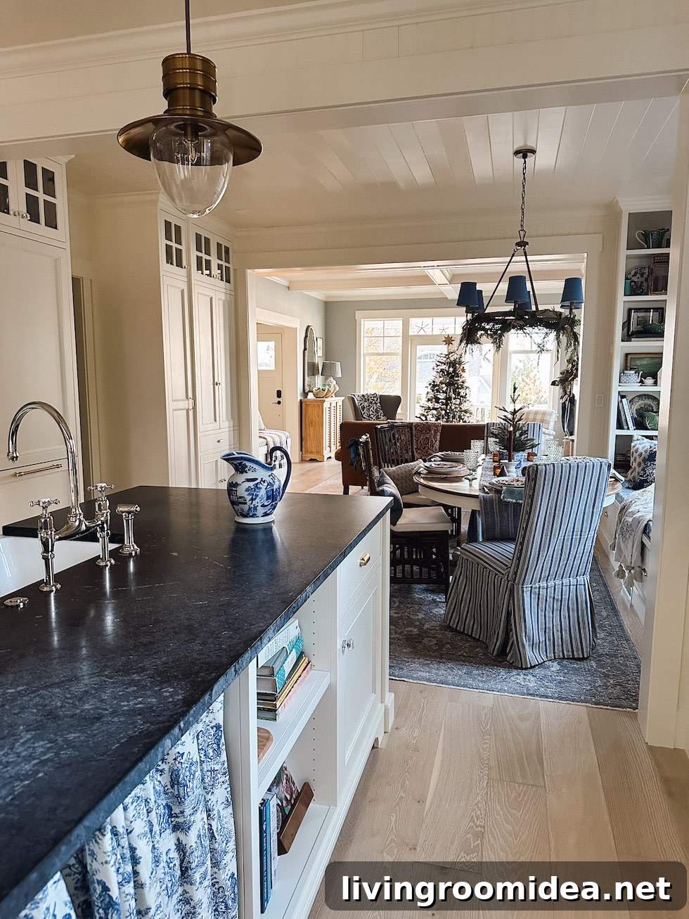 English cottage inspired kitchen in a coastal home at christmas