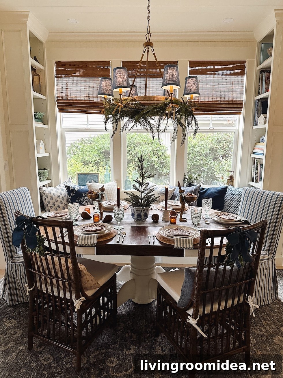 cottage dining room banquette with built in bookshelves