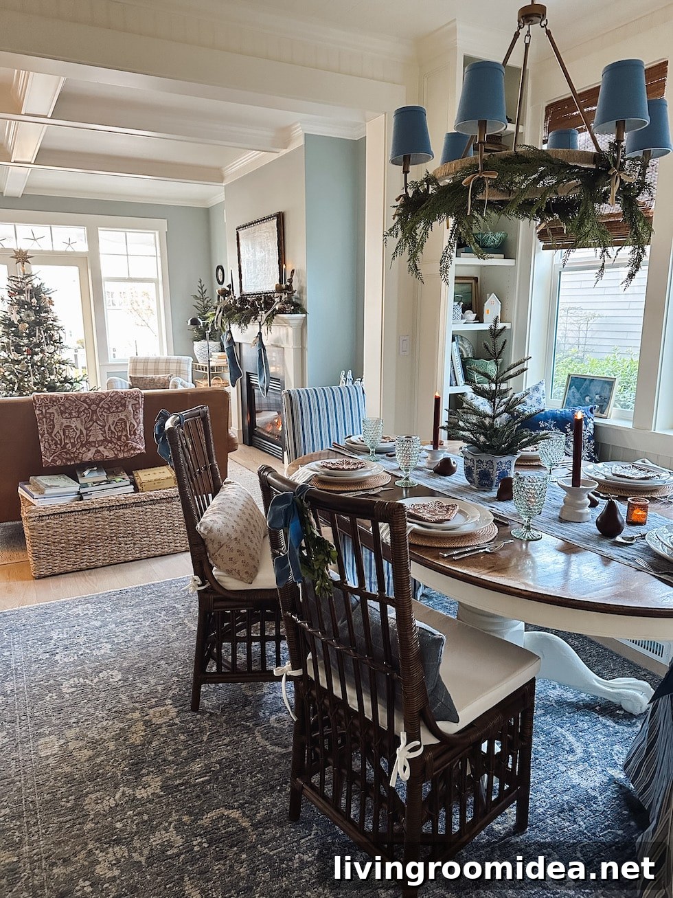 Banquette with bookcases, cozy dining nook connected to living room in a cottage home 