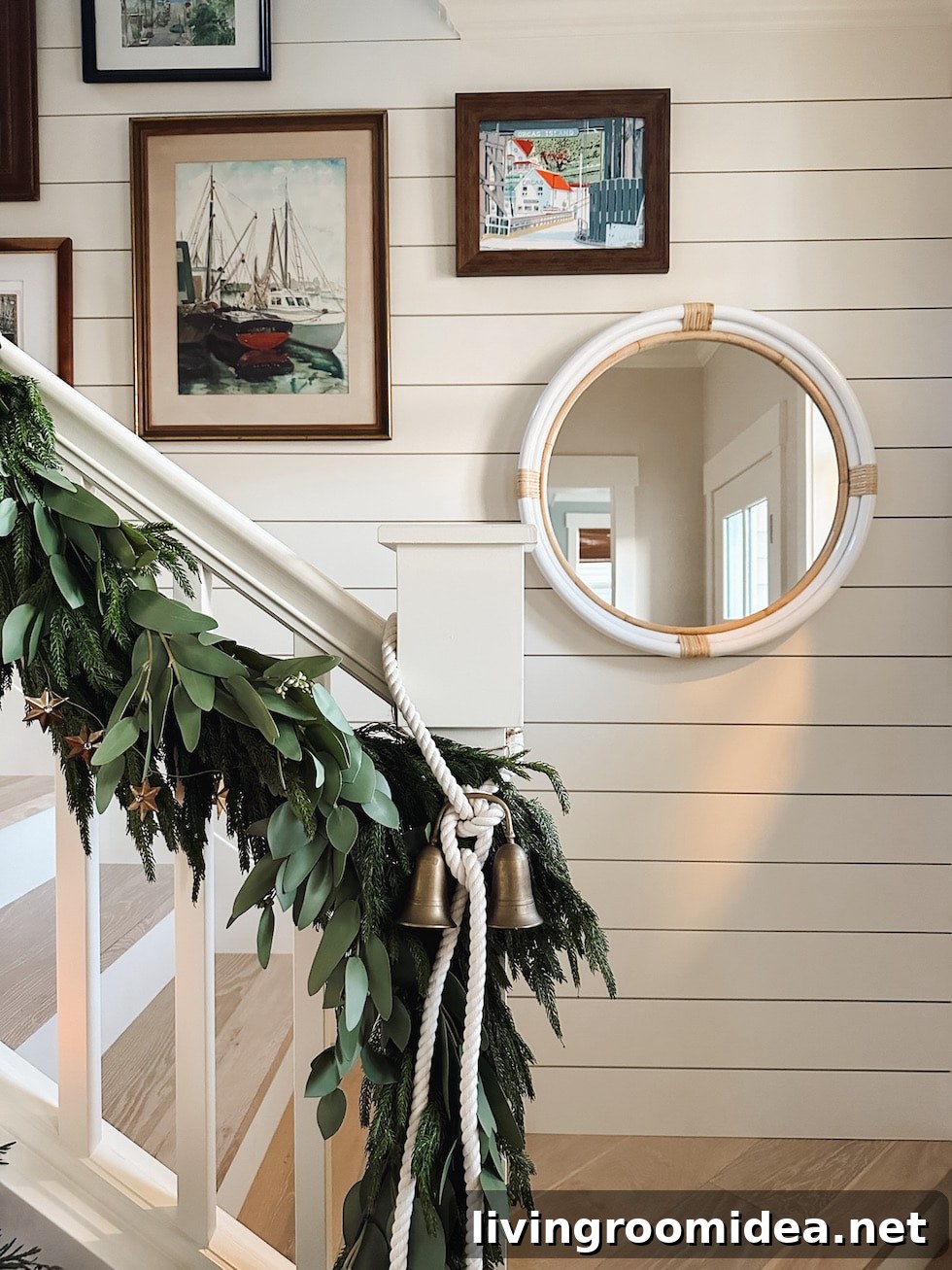 Mixed garland on staircase -- coastal home christmas