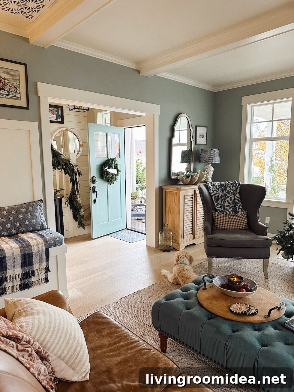 Cozy living room in a small coastal cottage at Christmas