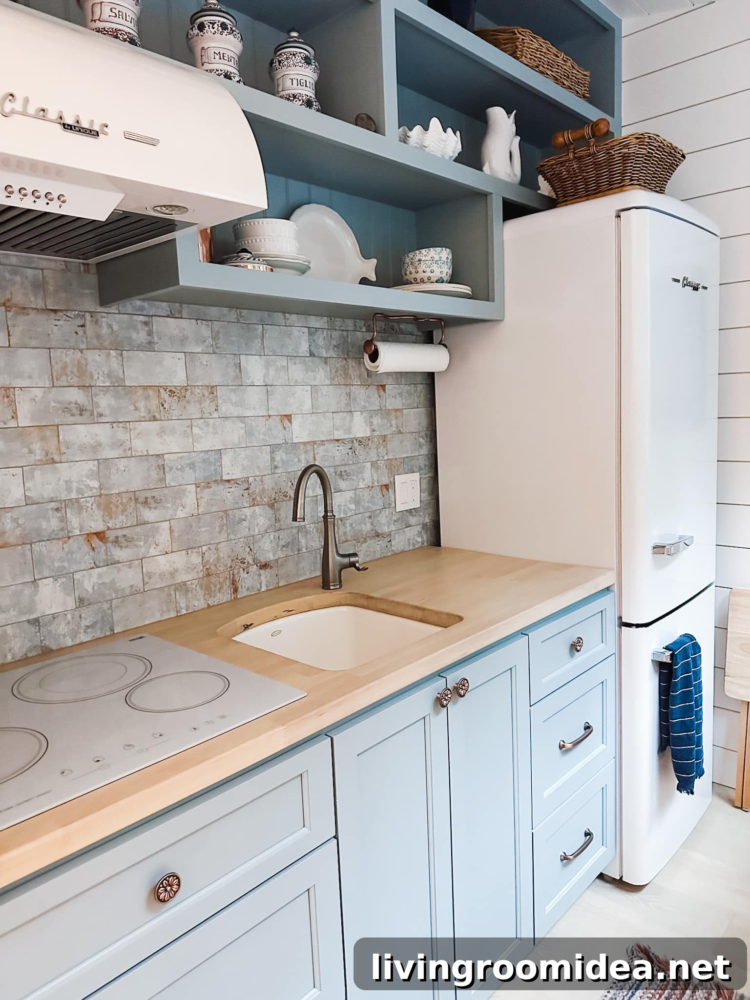Blue tiny cottage kitchen