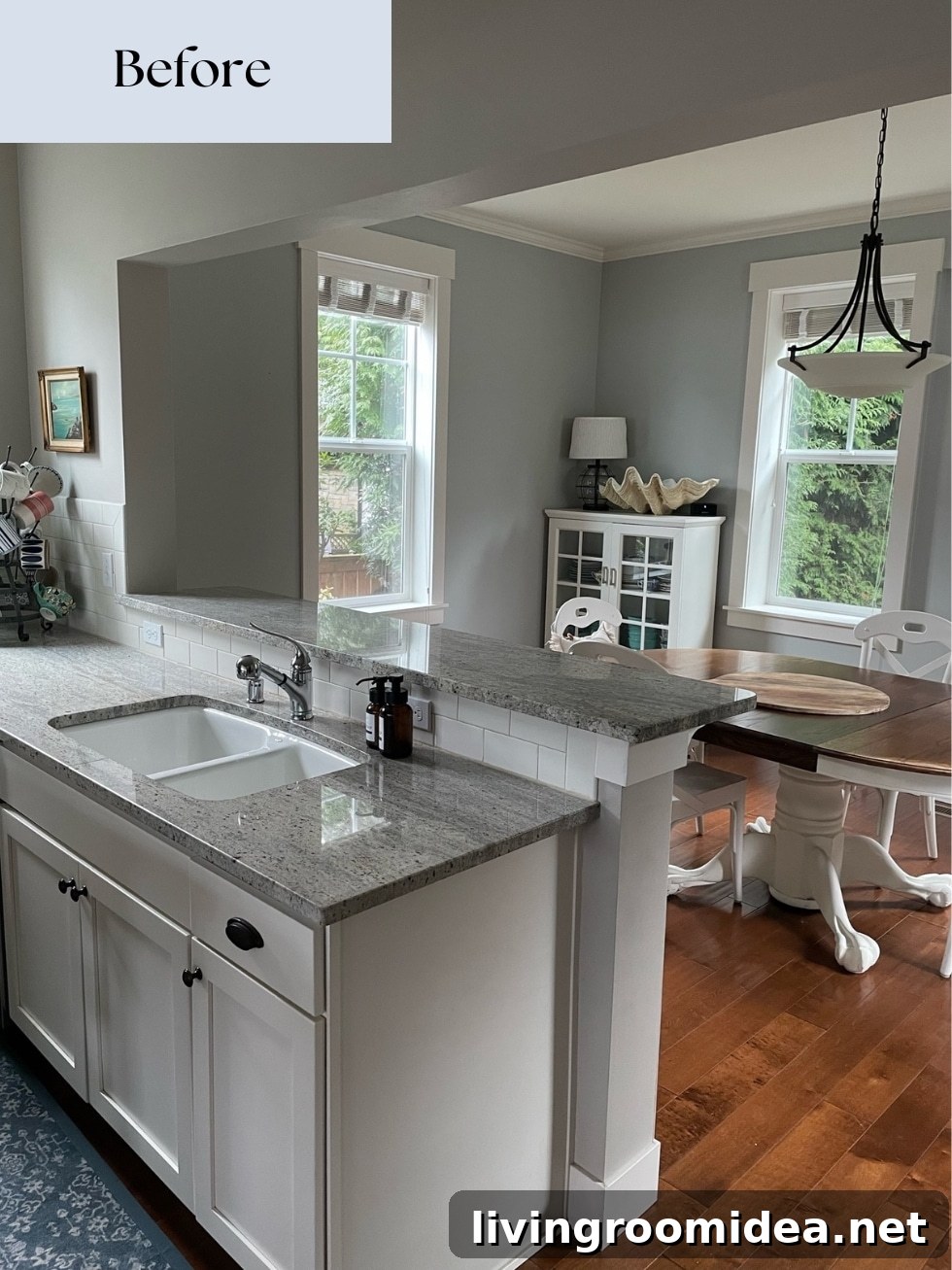 Cottage kitchen before and after, swapping the location of the kitchen and dining area to open up a small floor plan in a coastal home 