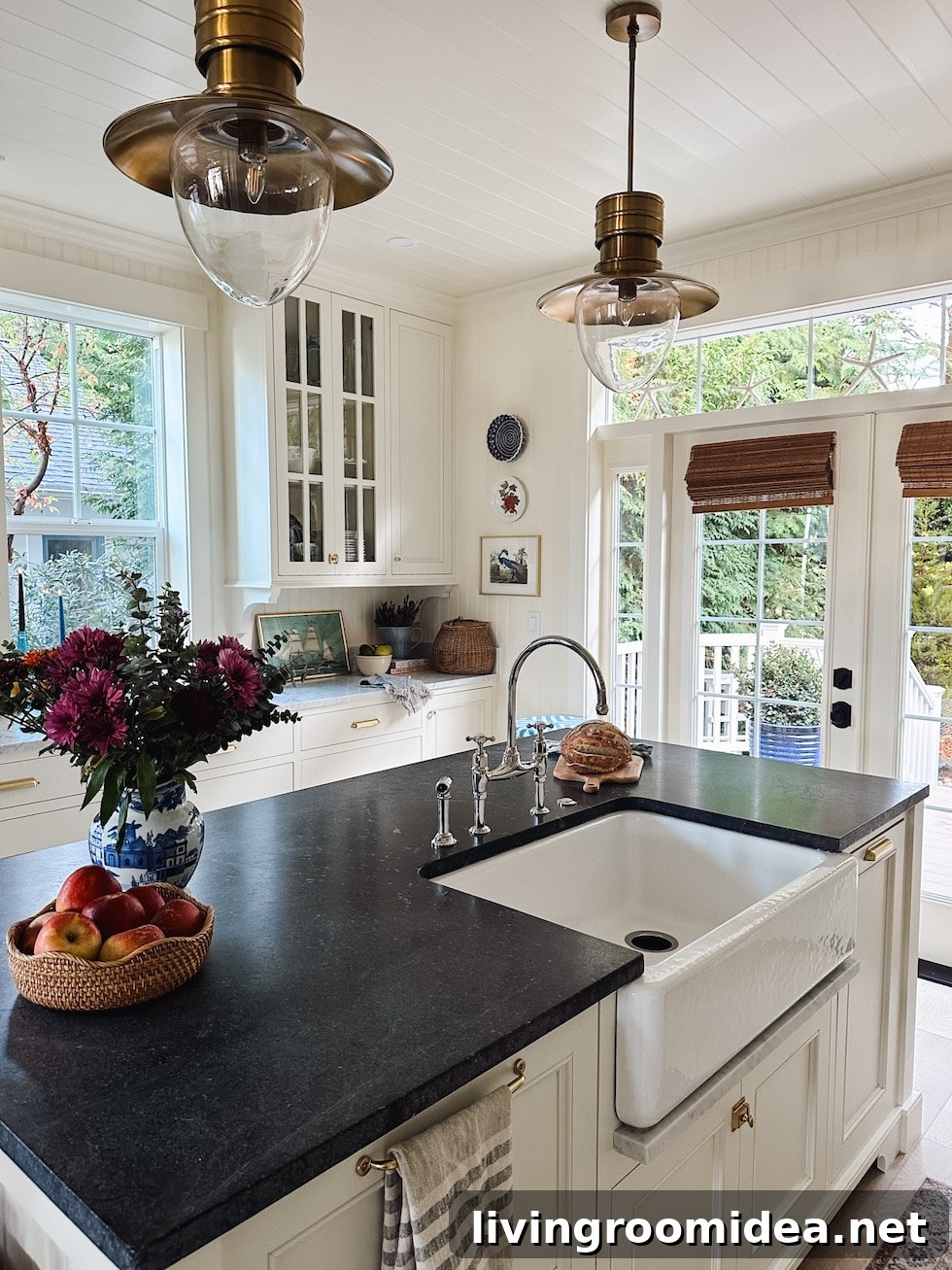 Cottage kitchen before and after, swapping the location of the kitchen and dining area to open up a small floor plan in a coastal home 