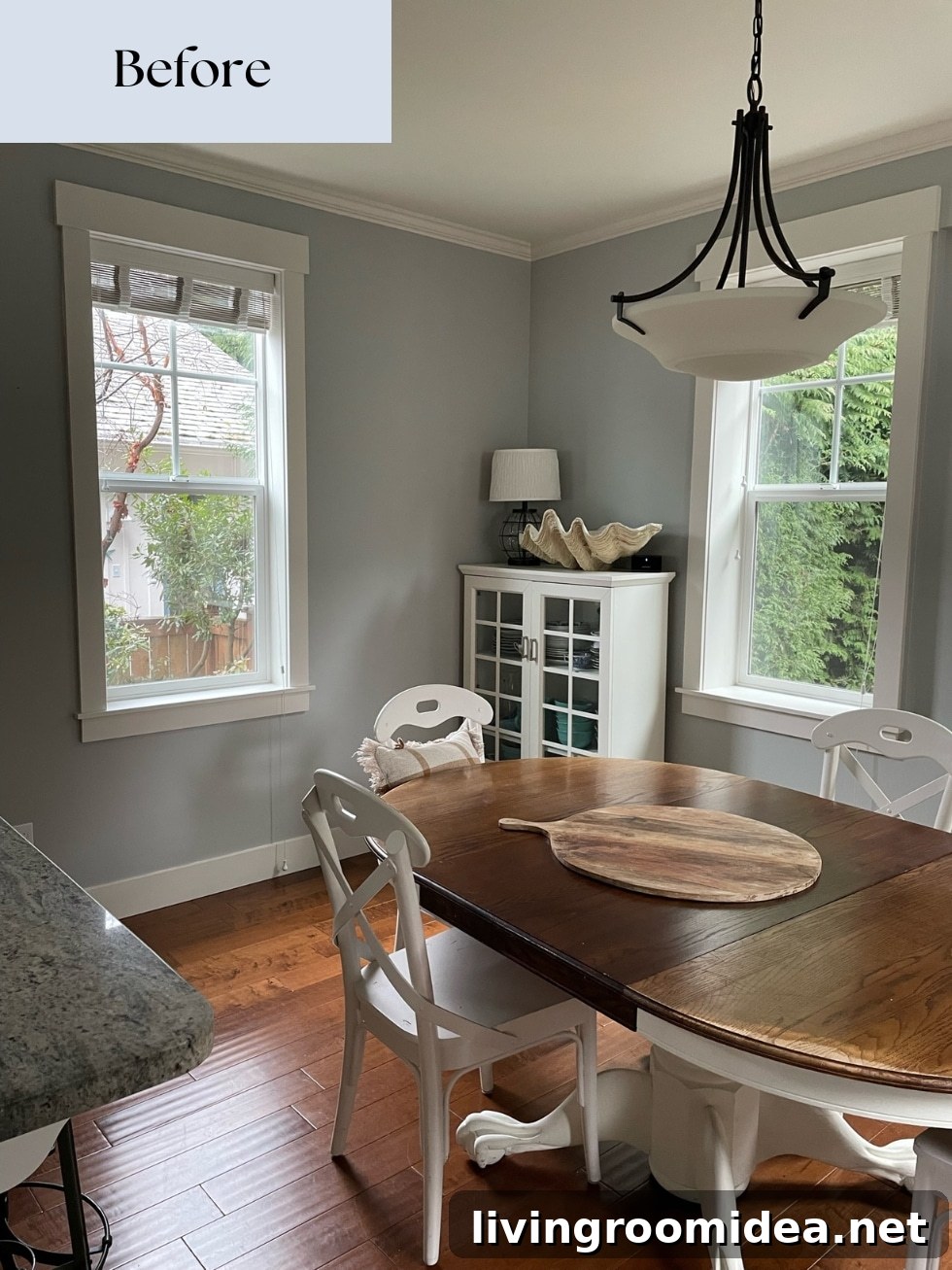 Cottage kitchen before and after, swapping the location of the kitchen and dining area to open up a small floor plan in a coastal home 
