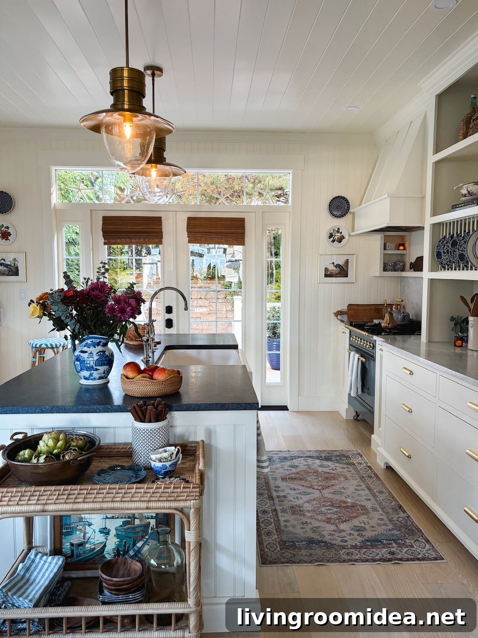 Cottage kitchen before and after, swapping the location of the kitchen and dining area opened up a small floor plan in a coastal home 