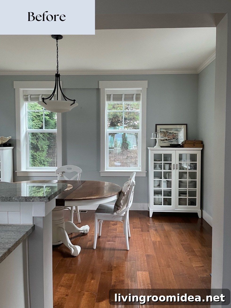 BEFORE: Swapping the location of the kitchen and dining area to open up a small floor plan in a coastal home 