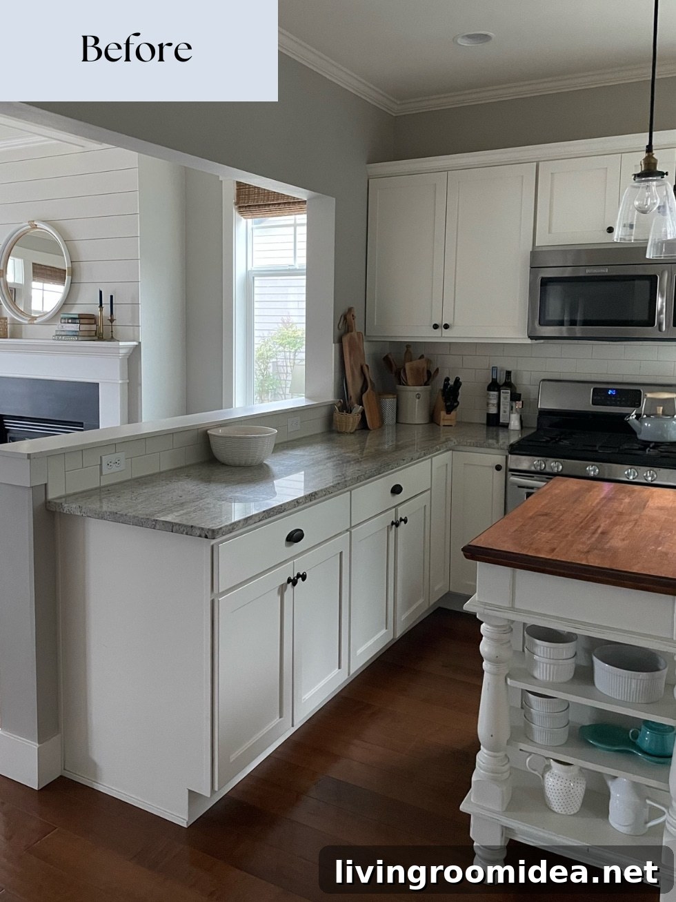 Cottage kitchen before removing the peninsulas and swapping the location of the kitchen and dining area to open up a small floor plan in a coastal home 