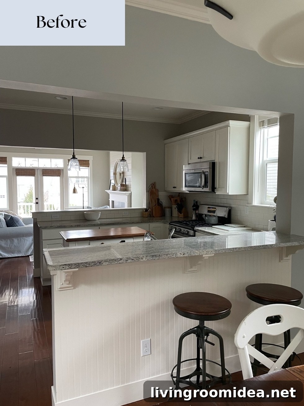 Kitchen before and after photos, removing peninsulas and raising headers to open up a small space 