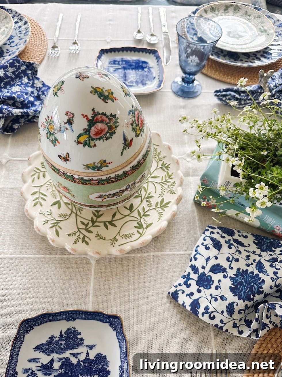 Blue, White & Green Easter Table Ideas for Spring Entertaining 6 easter egg centerpiece