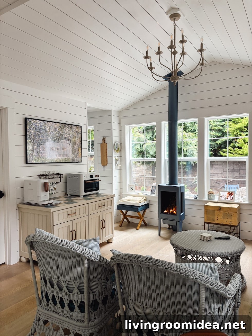 Tiny cottage living room in spring