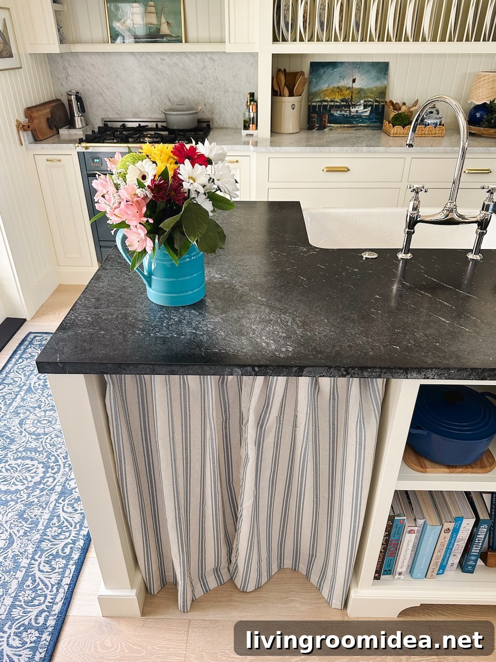 Striped Summer Kitchen Cafe Curtain + How I Hang It in My Island Barstool Nook 3 Kitchen cafe curtains and how to hang them without tools