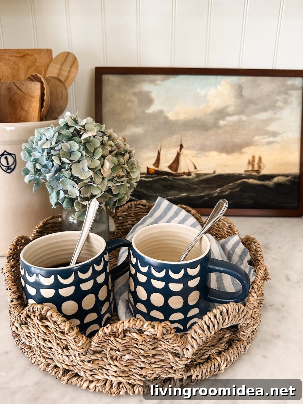 Blue and white patterned mug