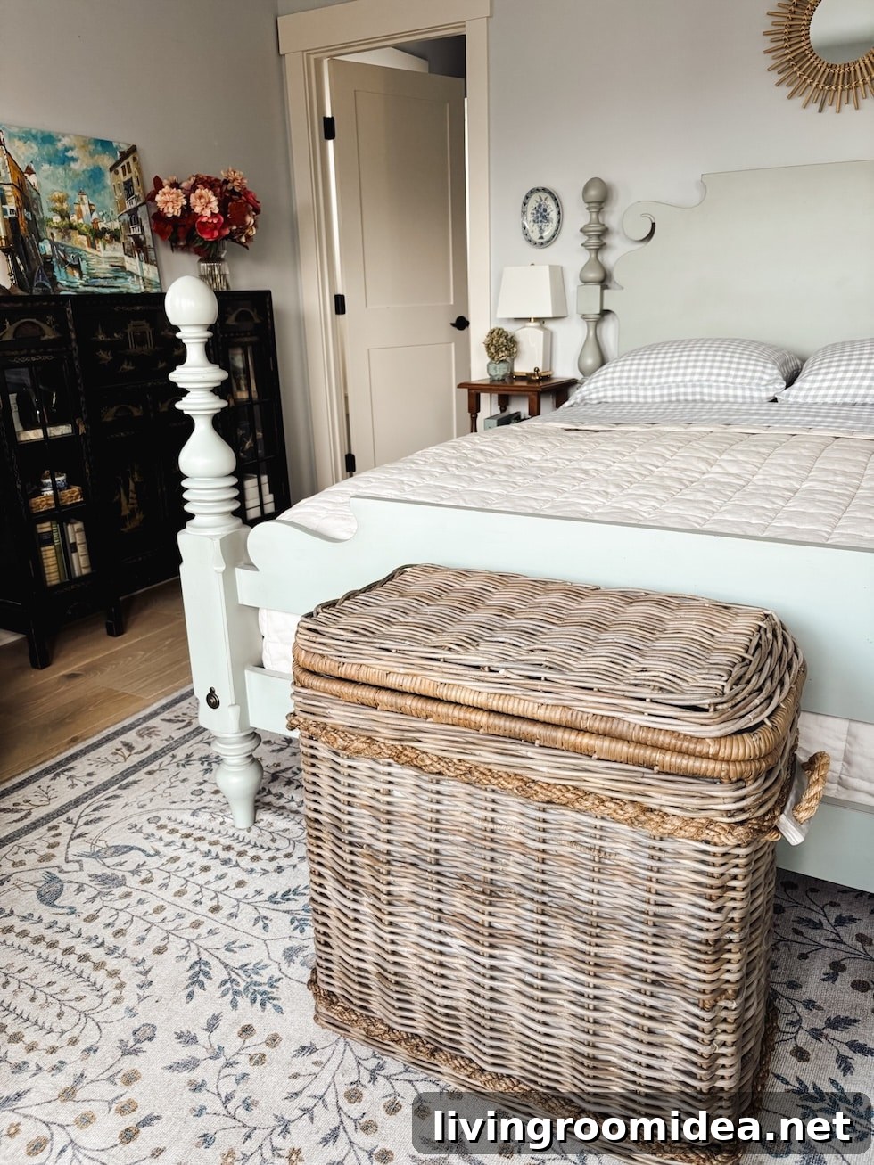 lidded basket for storing blankets in bedroom