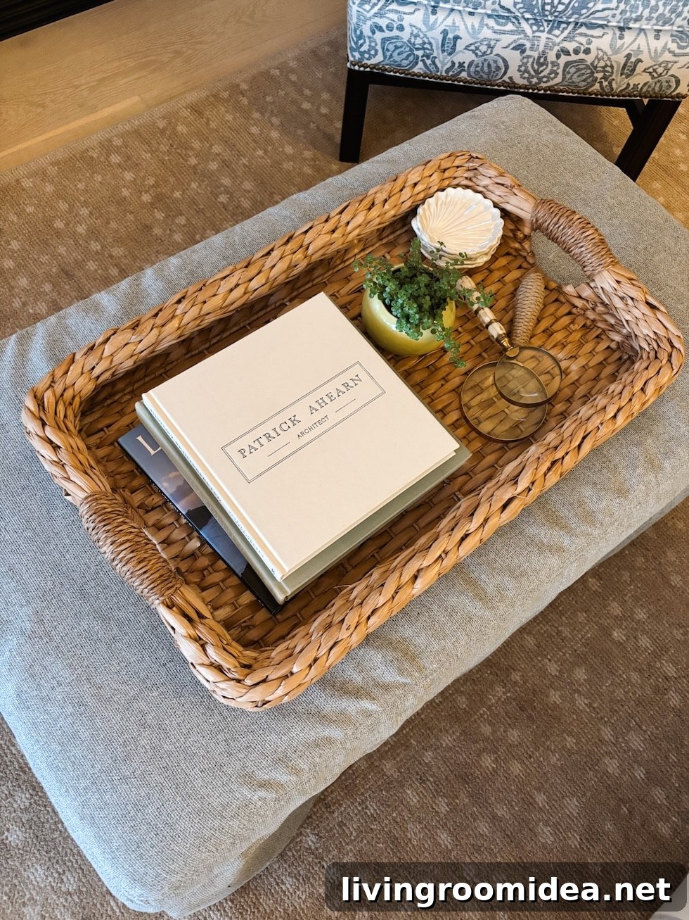 Coastal Cottage Living Room Makeover: Before and After Reveal 16 Seagrass tray on ottoman