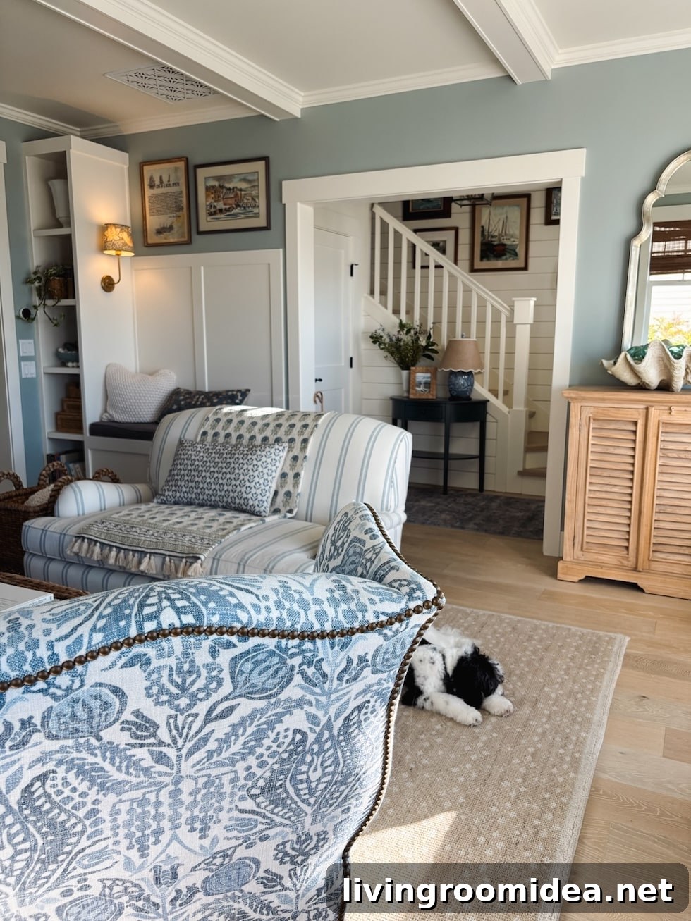 Coastal Cottage Living Room Makeover: Before and After Reveal 5 Textured fabrics and ottomans