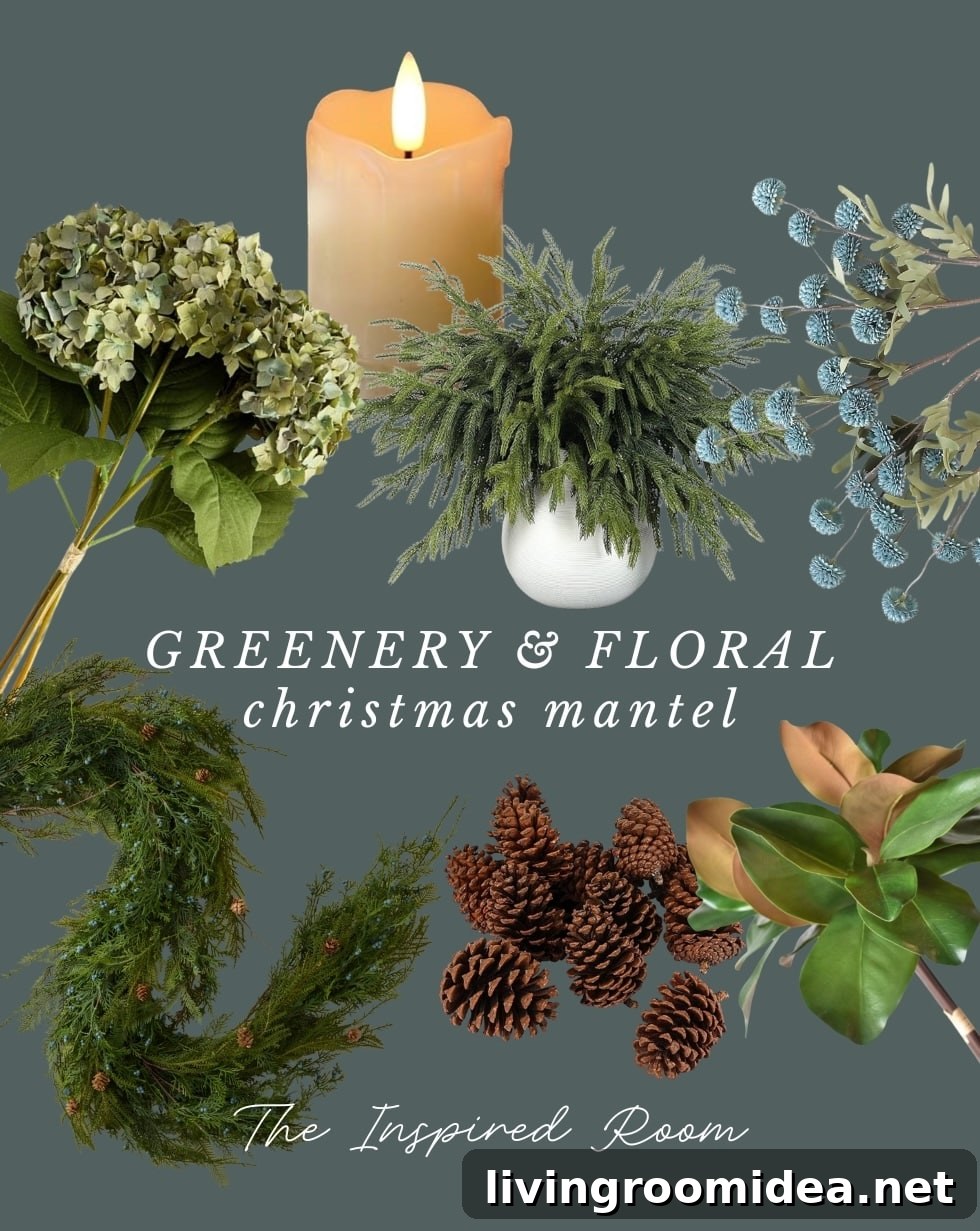Coastal Cottage Christmas Mantel with Florals and Greenery 8 Full mantel with coastal cottage styling
