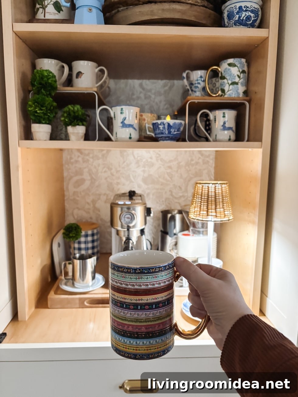 Cordless Lamp in My Coffee Cabinet for Cozier Winter Mornings 6 Mug with warm light