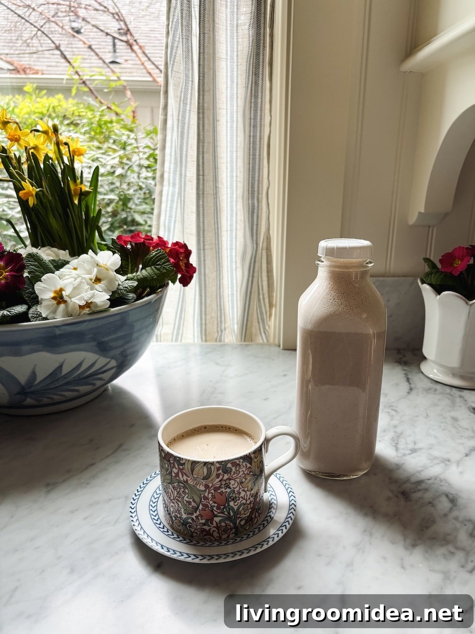 Nut milk served in a mug and bowl