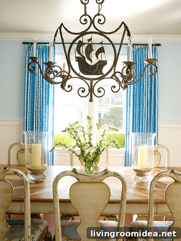 turquoise curtains and chandelier