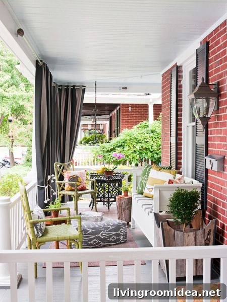 eclectic front porch with mixed fabrics