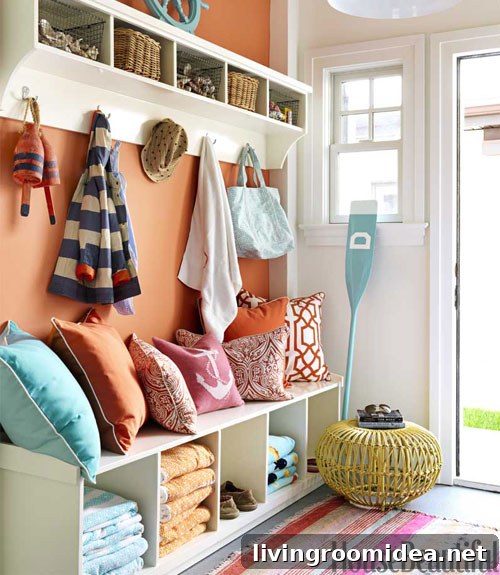 orange entry wall with hooks and shelves