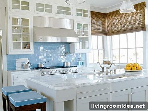 blue glass tile white kitchen inspiration