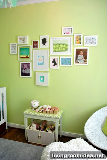Nursery overview with art wall