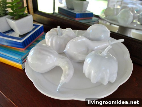 Glossy white painted gourds close-up
