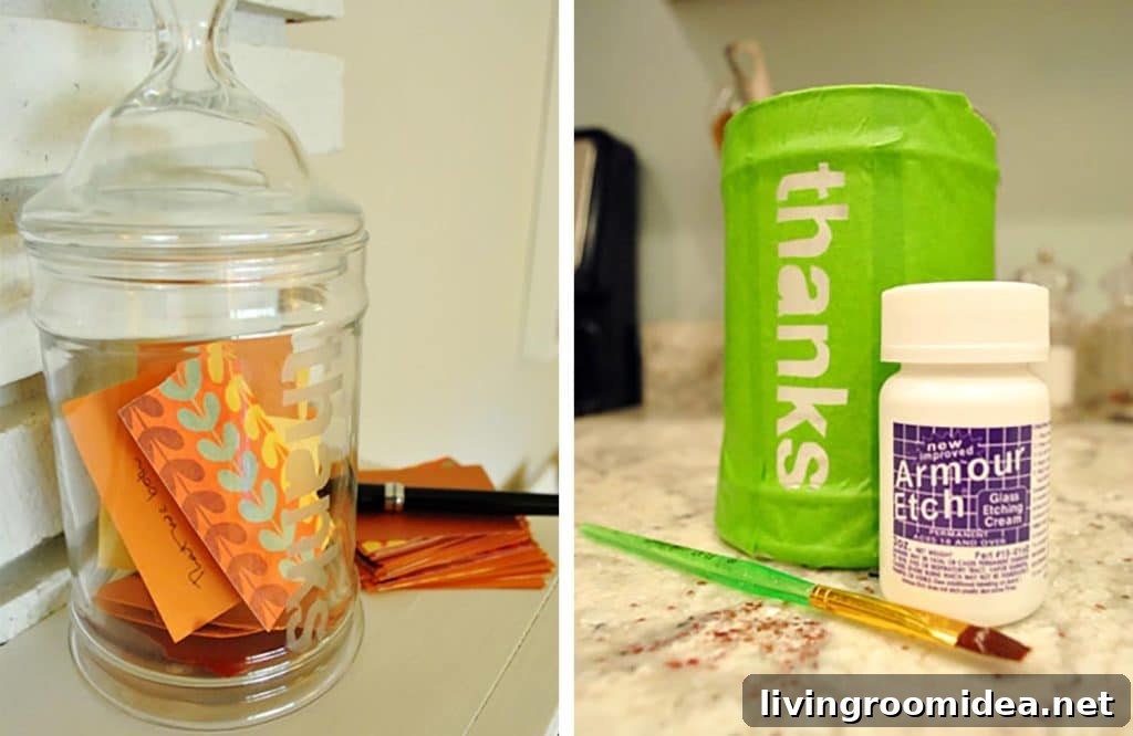 Thanksgiving Glass Etching Craft Project For Thanks Jar Progress and After Photo