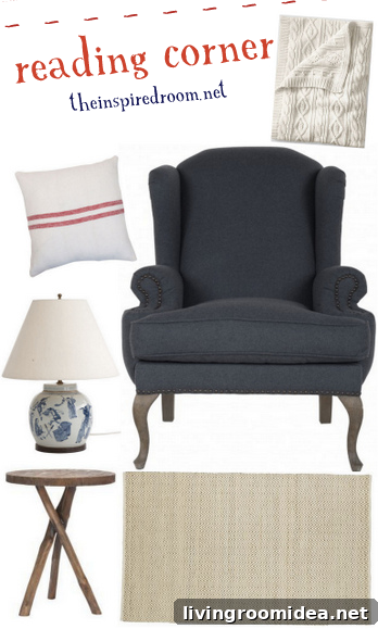 Coastal reading corner with navy wingback chair