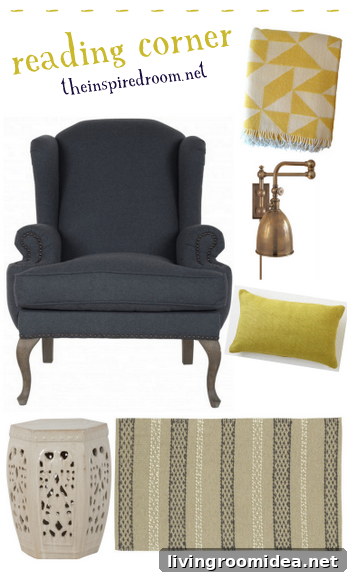yellow reading corner navy wingback chair Yellow-accented reading corner with navy wingback chair