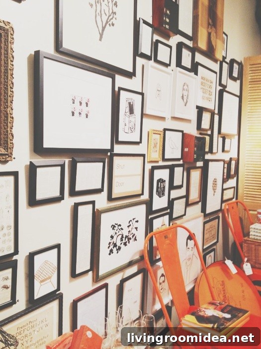 collage wall mixed frames orange tolix chair
