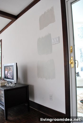 picking the perfect gray paint color by painting three test swatches onto the wall, Collingswood Grey Owl and Moonshine